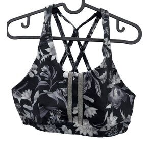OLD NAVY ACTIVE Sports Bra Women M Black Gray Floral Back Cross Straps Gym Yoga
